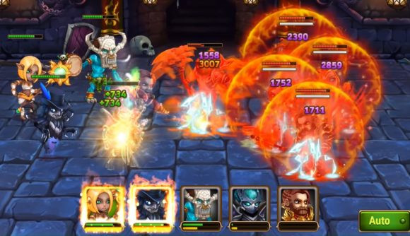 Best browser games Hero Wars Image shows a battle in progress between several large headed fantasy characters