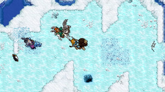 Best browser games Tibia Image shows heroes riding a flying lion across the clouds. Also a penguin is there