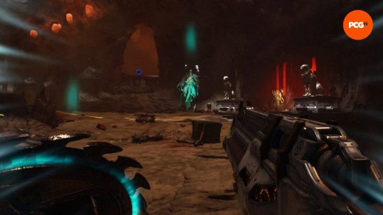 The Slayer aiming a shotgun at a floating demon in Doom Eternal, one of the best FPS games