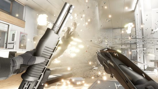 An enemy in a waitcoat leaps through the air and an explosion erupts around them in Trepang2, one of the best FPS games