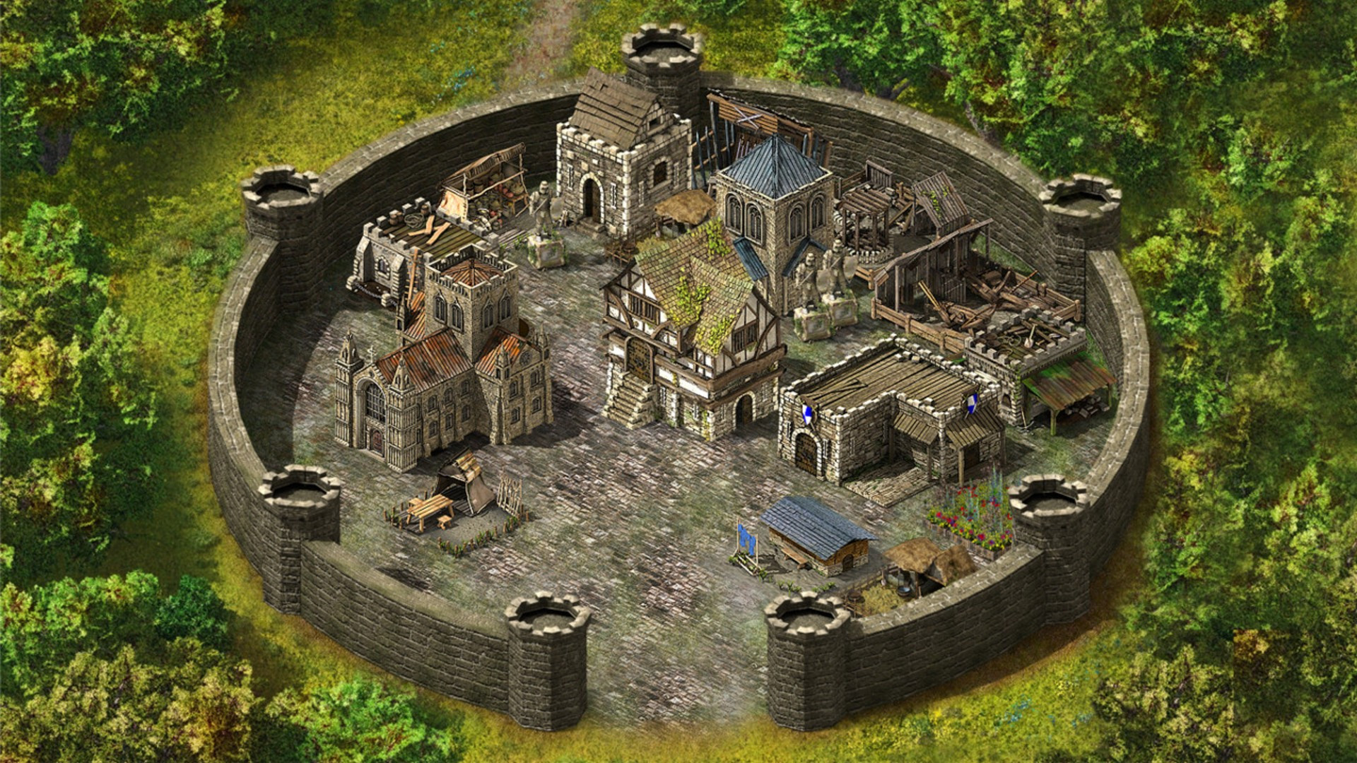 Online games Image shows buildings within circular castle walls in Stronghold Kingdoms