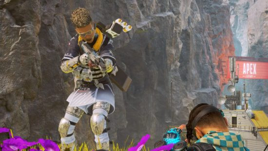 A colourfully dressed man aiming a gun at another man in Apex Legends, which has intuitive pings.