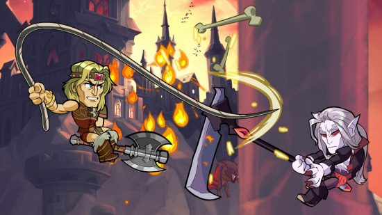 Two cartoon-like characters wield weapons towards one another in Brawlhalla.