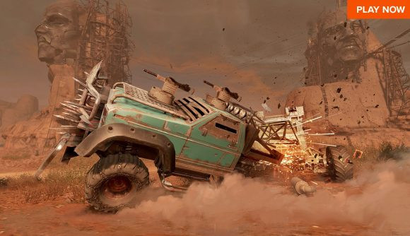 A car driving in sand in Crossout, a deadly vehicular combat MMO.
