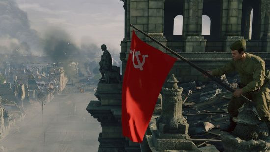 A soldier waves a Soviet flag in Enlisted, one of the best free PC games, representing the game's historical setting and tactical gameplay.