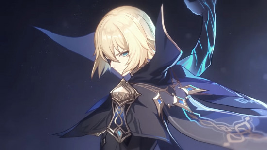 A figure in blonde hair in a villainous outfit, showcasing the character design and open-world environment of Genshin Impact, a popular free PC game.