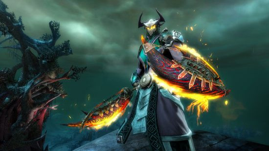 An armoured knight standing in the rain in Guild Wars 2.