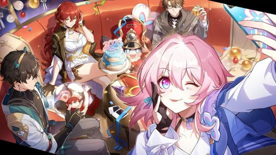 March 7th takes a selfie as the Trailblazer, Himeko, Dan Heng, and Welt all crowd around to celebrate the launch of Honkai Star Rail.