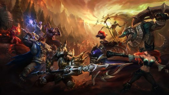 A large group of warriors and fantastical creatures about to do battle in League of Legends.