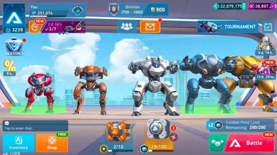 An image of five robots standing in a row in Mech Arena.