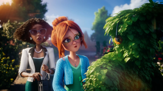 Two women looking at a person-shaped hedge in Merge Gardens, a relaxing puzzle game.