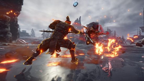 A battle in progress in Naraka Bladepoint, which has melee combat and movement.