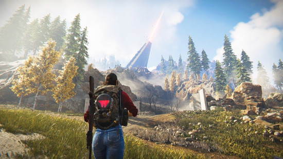 A Once Human player exploring a lush, green world with a giant structure in the background.