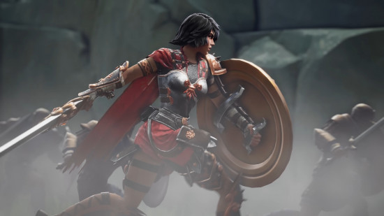A person running down the battlefield holding a sword and shield in Smite 2.