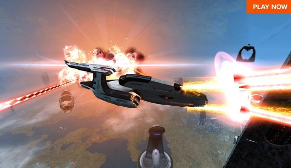 A federation ship in battle in Star Trek Online.