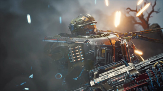A robot in a battle zone in Steel Hunters, which has intense battles and mech upgrades.