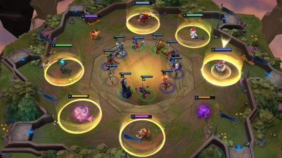A circle of characters within a larger circle of characters who are themselves surrounded by circles of magic in Teamfight Tactics.