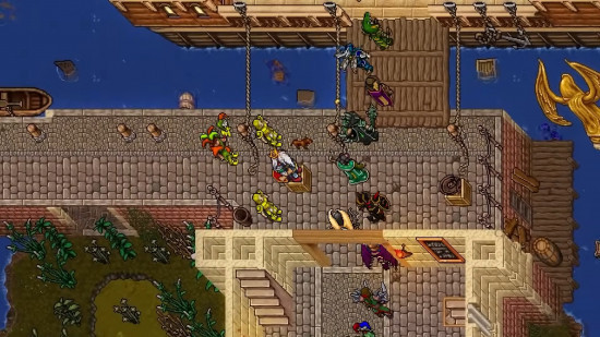 A row of adventurers boarding a ship from an isometric, pixelated perspective in Tibia, which has job classes and quests.