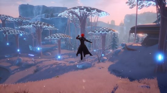 A man in a black coat leaping through the air with some mushrooms ahead of him in Tower of Fantasy.