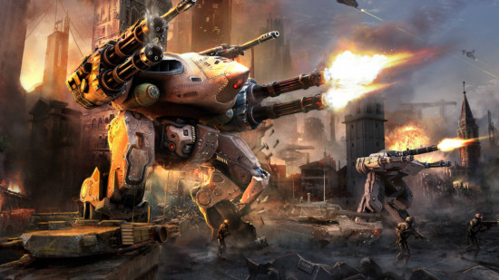 Robots fighting each other in the street in War Robots, which includes over 50 robot options.