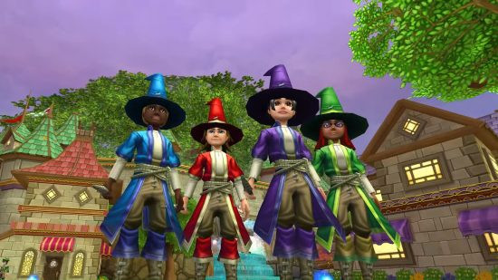 A group of wizards standing in a courtyard, all with different colored robes in Wizard101.