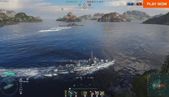 Some warships sailing around on the water in World of Warships, which introduces the navy to the concept of deathmatch.