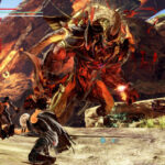 A swordsman battles an Arigami in God Eater 3, showcasing the action in games like Monster Hunter.