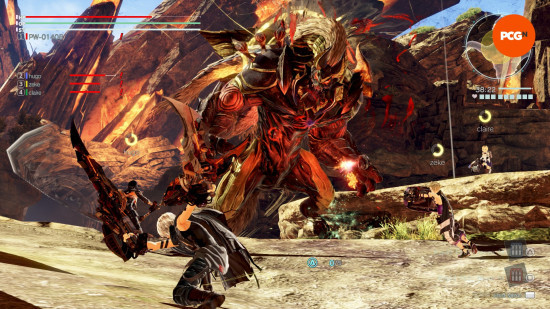 A swordsman battles an Arigami in God Eater 3, showcasing the action in games like Monster Hunter.