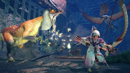 A hunter battles a Great Izuchi in Monster Hunter Rise.