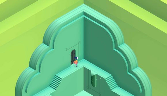 Monument Valley on iPhone showing a strangely designed building, alt text: Monument Valley on iPhone, showcasing an Escher-inspired building, offering mind-bending puzzles and a visually stunning experience on Apple Arcade.