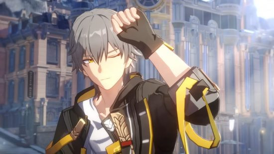 Best iOS games: Honkai Star Rail. Image shows an anime style character using their hand to block the light.