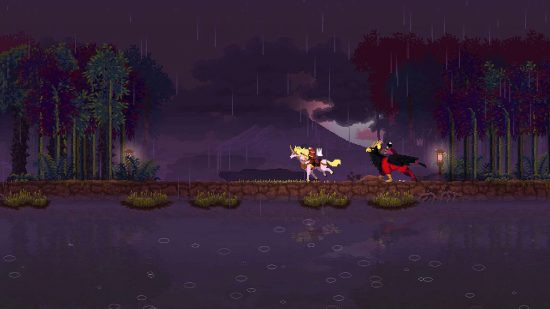 Kingdom Two Crowns on iPhone showing horses galloping in the night, alt text: Kingdom Two Crowns on iPhone, showcasing horses galloping at night, a challenging survival strategy game best enjoyed with a friend on Apple Arcade.