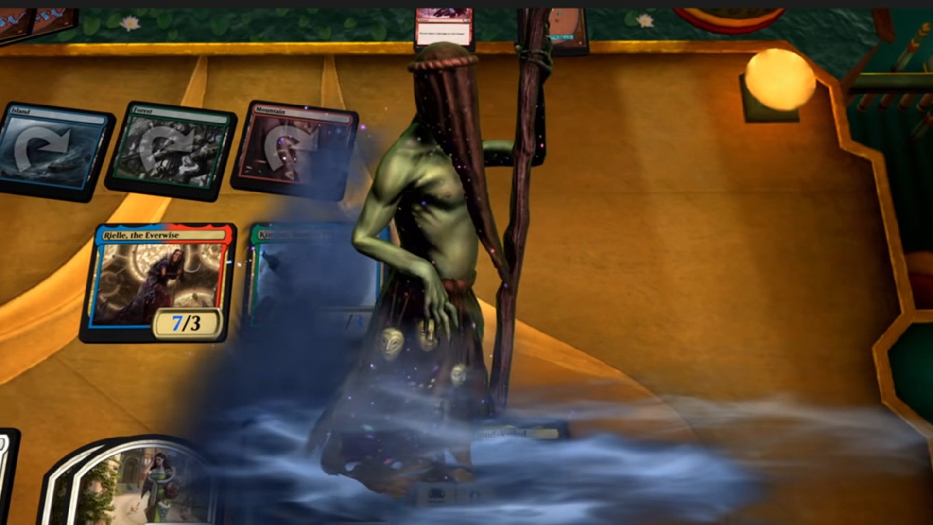 Best iPhone games - Magic: The Gathering Arena. A screenshot shows a withered figure walking across the game board after a move has been made.