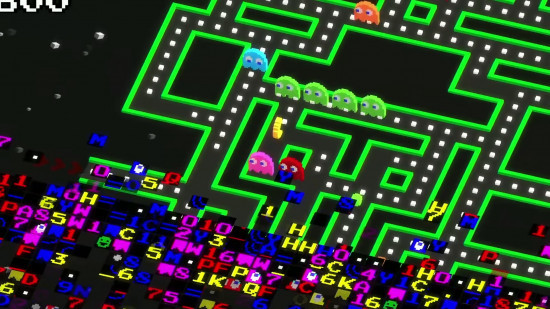 Pac-Man 256 on iPhone showing Pac-Man navigating a maze, alt text: Pac-Man 256 on iPhone, showcasing Pac-Man navigating a glitchy maze, with power-ups and ghosts, an endless runner exclusively on Apple Arcade.