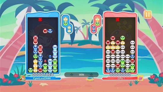 Puyo Puyo Puzzle Pop on iPhone showing a game in action, alt text: Puyo Puyo Puzzle Pop on iPhone, showcasing competitive puzzle-solving with colorful Puyos, strategic combos, and a touch of Sonic, exclusively on Apple Arcade.