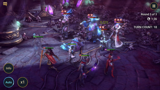 Raid: Shadow Legends on iPhone showing a battle between characters, alt text: Raid: Shadow Legends on iPhone, displaying a battle scene with Alice in Wonderland crossover characters, offering turn-based RPG battles and strategic team building.