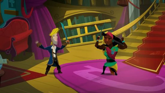Return to Monkey Island on iPhone showing Guybursh Threepwood in a sword fight, alt text: Return to Monkey Island on iPhone, featuring Guybrush Threepwood in a comical sword fight, blending classic point-and-click gameplay with pirate adventure on Apple Arcade.