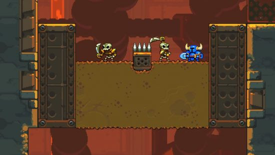 Shovel Knight Dig on iPhone showing Shovel Knight facing two skeletons in a cave, alt text: Shovel Knight Dig on iPhone, featuring Shovel Knight battling skeletons in a cave, combining roguelike elements with retro charm on Apple Arcade.