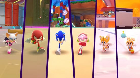 Sonic Dream Team on iPhone showing all the playable characters running along, alt text: Sonic Dream Team on iPhone, featuring Sonic and friends running together, delivering 3D platforming with unique character abilities, exclusively on Apple Arcade.