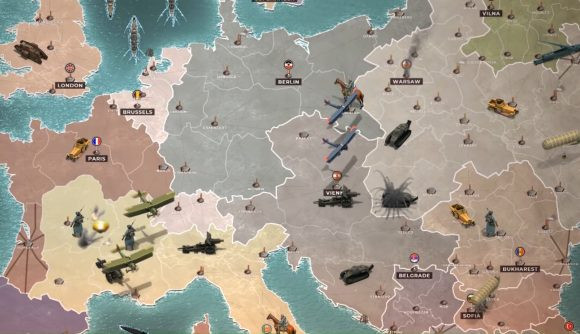 Supremacy 1914 on iPhone showing a map of Europe with military vehicles, alt text: Supremacy 1914 on iPhone, featuring a strategic map of Europe with military vehicles and planes, offering a deep, long-term WW1 grand strategy experience.