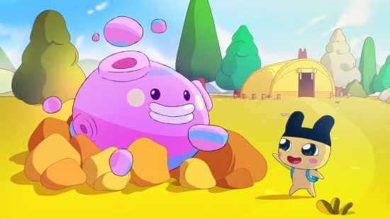 Tamagotchi Adventure Kingdom on iPhone showing Mametchi speaking to Meteoritchi in an open field, alt text: Tamagotchi Adventure Kingdom on iPhone, featuring Mametchi befriending Meteoritchi in a field, delivering a cozy life-sim experience exclusively on Apple Arcade.