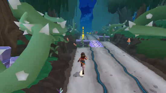 Temple Run: Legends on iPhone showing a female character running through a dark forest, alt text: Temple Run: Legends on iPhone, featuring a character running through a dark forest, with unique skills and individual levels on Apple Arcade.