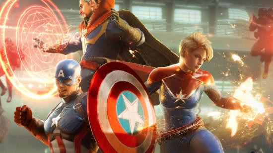 Best iPhone games: Marvel Future Revolution. Image shows three Marvel characters using their skills.