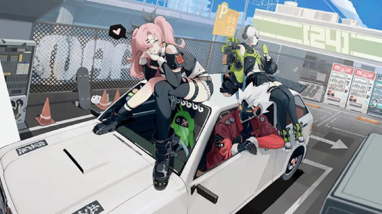Characters from Zenless Zone Zero on and inside a car