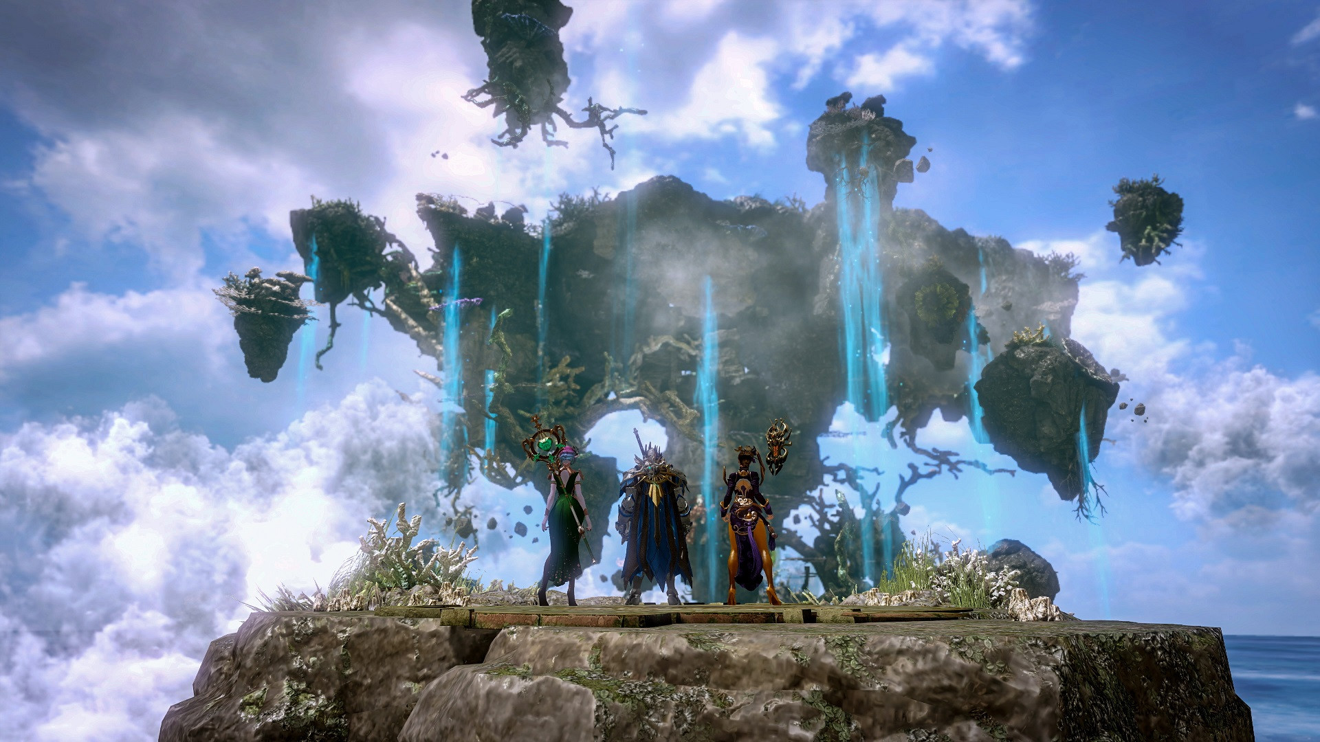 The best MMORs: Lost Ark, featuring characters on a floating island looking up at other floating islands, capturing its expansive world and adventurous spirit.