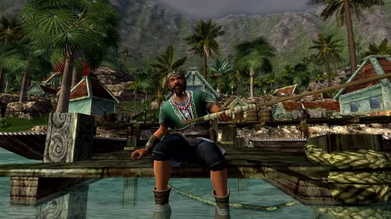 Lord of the Rings Online: A man sitting on a harbor with a fishing rod, showcasing the game's Middle-earth setting and immersive gameplay.