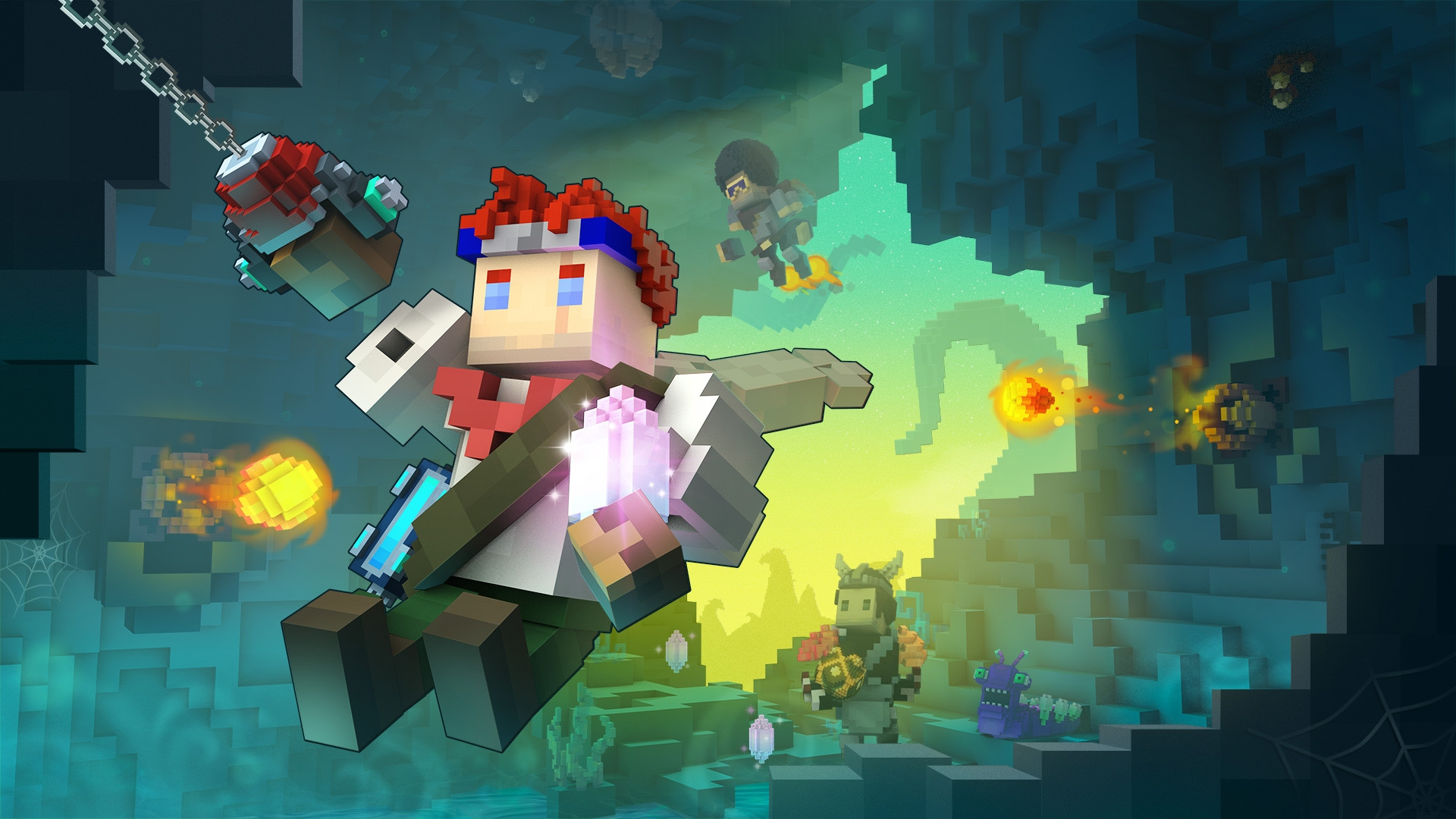 Best MMORPG games: Trove, depicting a blocky man swinging through a cave, highlighting its Minecraft-like building and action-focused gameplay.