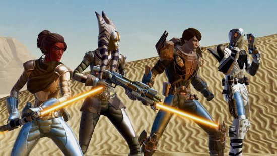 Best MMORPGs: Several Jedi wielding yellow lightsabers and blasters in Star Wars: The Old Republic, capturing its detailed storytelling and Star Wars setting.
