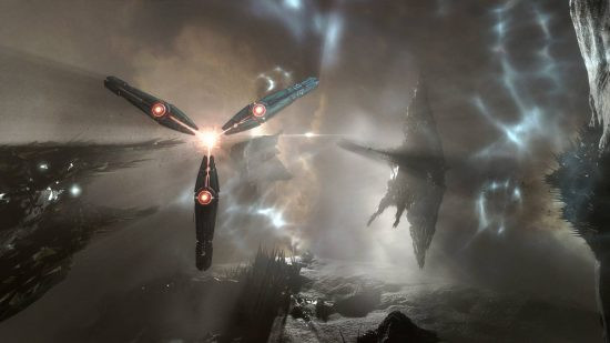 Eve Online: Otherworldly ships flying through space, showcasing the game's player-driven universe and epic spaceship battles.