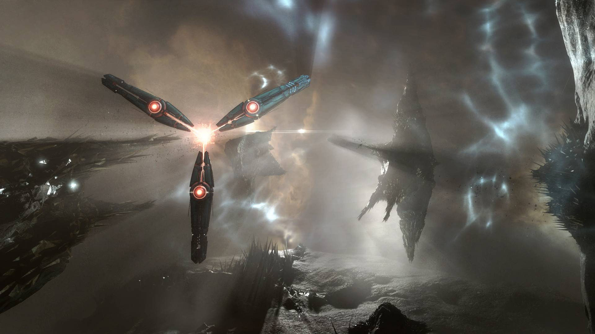 Best MMORPG games: EVE Online, showcasing otherworldly ships flying through space, highlighting its player-driven universe and epic battles.